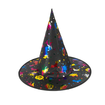 KAPELUSZ CZAROWNICY WIEDŹMY DO STROJU HALLOWEEN Z KOLOROWYMI NADRUKAMI