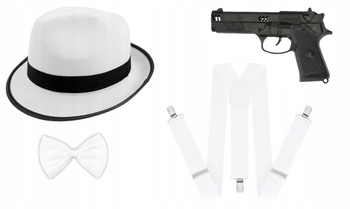 ZESTAW STRÓJ GANGSTER MAFIA BIAŁY KAPELUSZ SZELKI MUCHA PISTOLET TERKOTKA