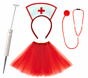 STRÓJ PIELĘGNIARKA SPÓDNICZKA TUTU CZERWONE OPASKA STETOSKOP STRZYKAWKA XXL