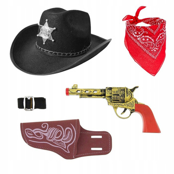 ZESTAW KAPELUSZ STRÓJ KOWBOJ DOROSŁY CZARNY GWIAZDA BANDAMA REWOLWER KABURA