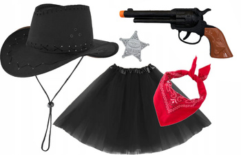 STRÓJ KOWBOJKA SZERYF KAPELUSZ KOWBOJSKI CZARNY REWOLWER ODZNAKA