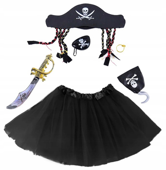 STRÓJ PIRATKA ZESTAW CZAPKA OPASKA SZABLA HAK KOLCZYK SPÓDNICZKA TUTU CZARN