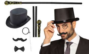 STRÓJ DŻENTELMENA CYLINDER CZARNY MONOKL WĄSY MUSZKA LASKA Z GAŁKĄ SKŁADANA