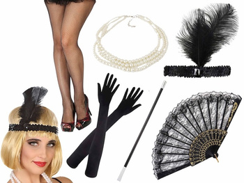 ZESTAW RETRO DAMSKI LATA 20 30 PRZEBRANIE KARNAWAŁ PERŁY WACHLARZ RAJSTOPY