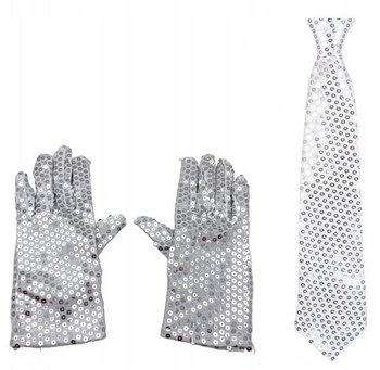 ZESTAW SREBRNY KRAWAT CEKINOWY + CEKINOWE RĘKAWICZKI DISCO TECHNO EDM