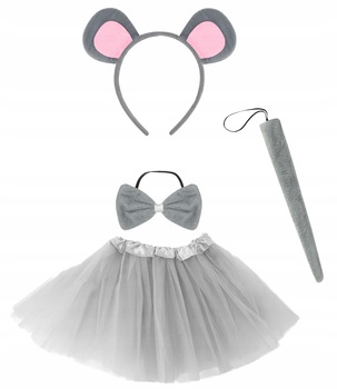 STRÓJ MYSZKA SZARA PLUSZOWA OPASKA Z USZAMI OGON MUSZKA + SPÓDNICZKA TUTU