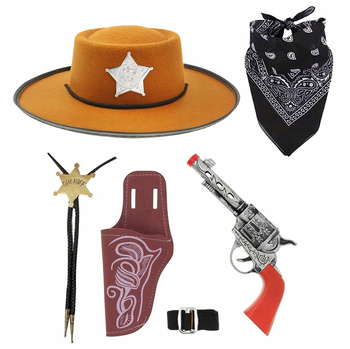 KAPELUSZ KOWBOJ BRĄZOWY DZIECIĘCY BANDAMA REWOLWER KABURA +NASZYJNIK SZERYF