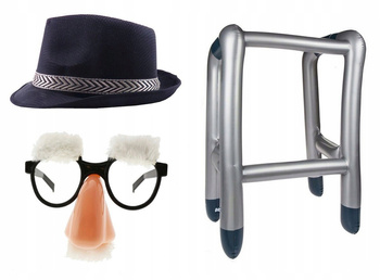 STRÓJ DZIADEK ZESTAW KAPELUSZ DMUCHANY BALKONIK OKULARY SIWE WĄSY I BRWI