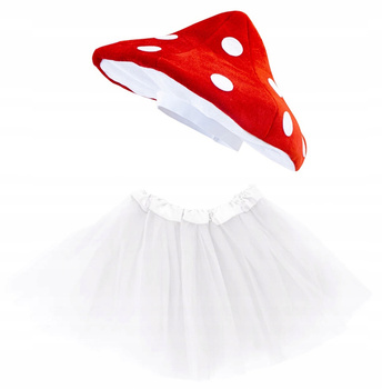STRÓJ MUCHOMOR SPÓDNICZKA TUTU BIAŁA 30cm + CZAPKA KAPELUSZ GRZYB KOSTIUM