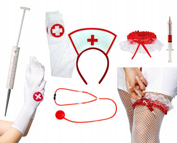 STRÓJ PIELĘGNIARKA OPASKA STETOSKOP PODWIĄZKA DŁUGOPIS STRZYKAWKA 6 ELEMENT
