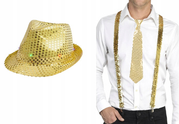KAPELUSZ + SZELKI CEKINOWE DO SPODNI ZŁOTY +KRAWAT STROJU DISCO