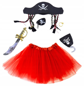 STRÓJ PIRATKA ZESTAW CZAPKA OPASKA SZABLA HAK KOLCZYK SPÓDNICZKA TUTU CZERW