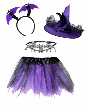 STRÓJ CZAROWNICA WIEDŹMA OPASKA MASKA NIETOPERZ KAPELUSZ FIOLET TUTU