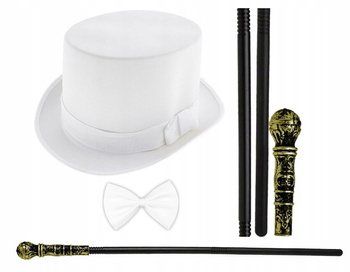 ZESTAW STRÓJ DŻENTELMENA CYLINDER BIAŁY + MUSZKA + LASKA Z GAŁKĄ SKŁADANA