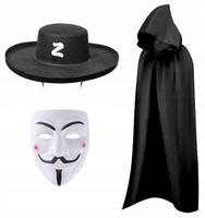 ZESTAW STRÓJ VENDETTA ANONYMOUS PELERYNA CZARNA 140cm + MASKA + KAPELUSZ