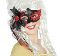 MASKA WENECKA KARNAWAŁOWA Z RÓŻĄ CZARNO CZERWONA