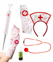 ZESTAW STRÓJ PIELĘGNIARKA ZOMBIE 6 EL. HALLOWEEN + SZTUCZNA KREW W SPRAYU
