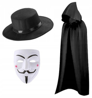 ZESTAW STRÓJ VENDETTA ANONYMOUS PELERYNA CZARNA 110cm MASKA KAPELUSZ SZEROK