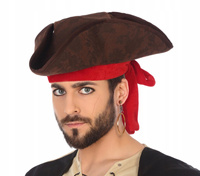 CZAPKA KAPELUSZ PIRACKI BRĄZOWY Z CZERWONĄ OPASKĄ