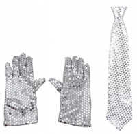 ZESTAW SREBRNY KRAWAT CEKINOWY + CEKINOWE RĘKAWICZKI DISCO TECHNO EDM