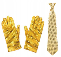 ZESTAW ZŁOTY KRAWAT CEKINOWY + CEKINOWE RĘKAWICZKI DISCO TECHNO EDM