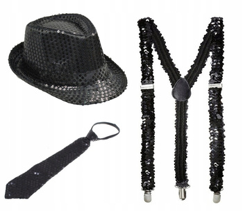ZESTAW CZARNY KAPELUSZ CEKINOWY FEDORA KRAWAT SZELKI BLACK CEKIN DISCO